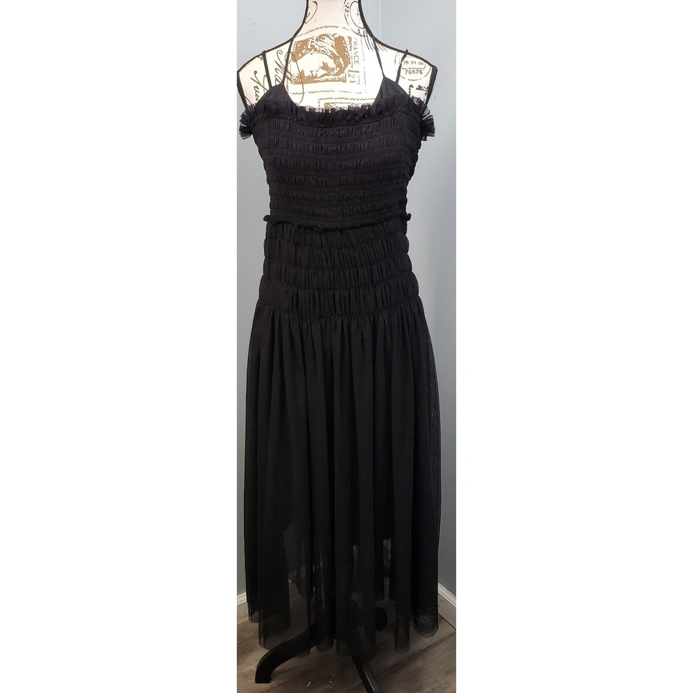 Anthropologie Maxi Dress Womens L Black Halter Neck Smocked Tulle Overlay Gothic